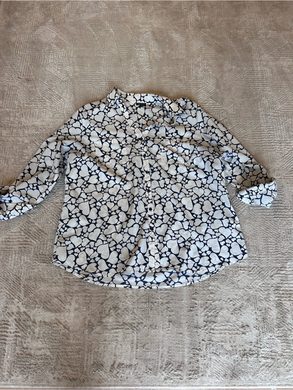 Talbots Nantucket Top Womens XL  White/Navy Heart Design button up
